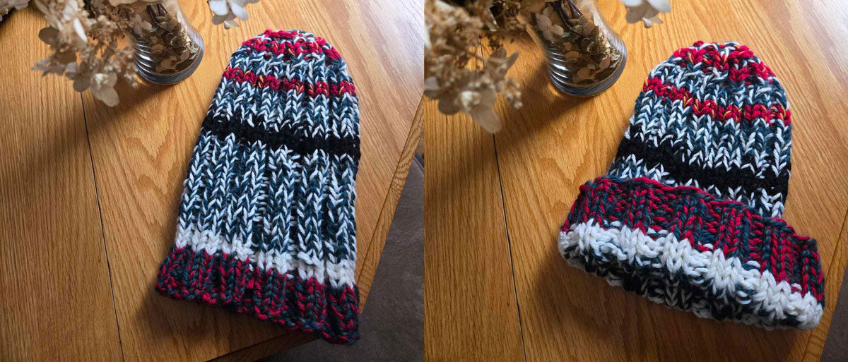 Handmade knit green, red, and white hat
