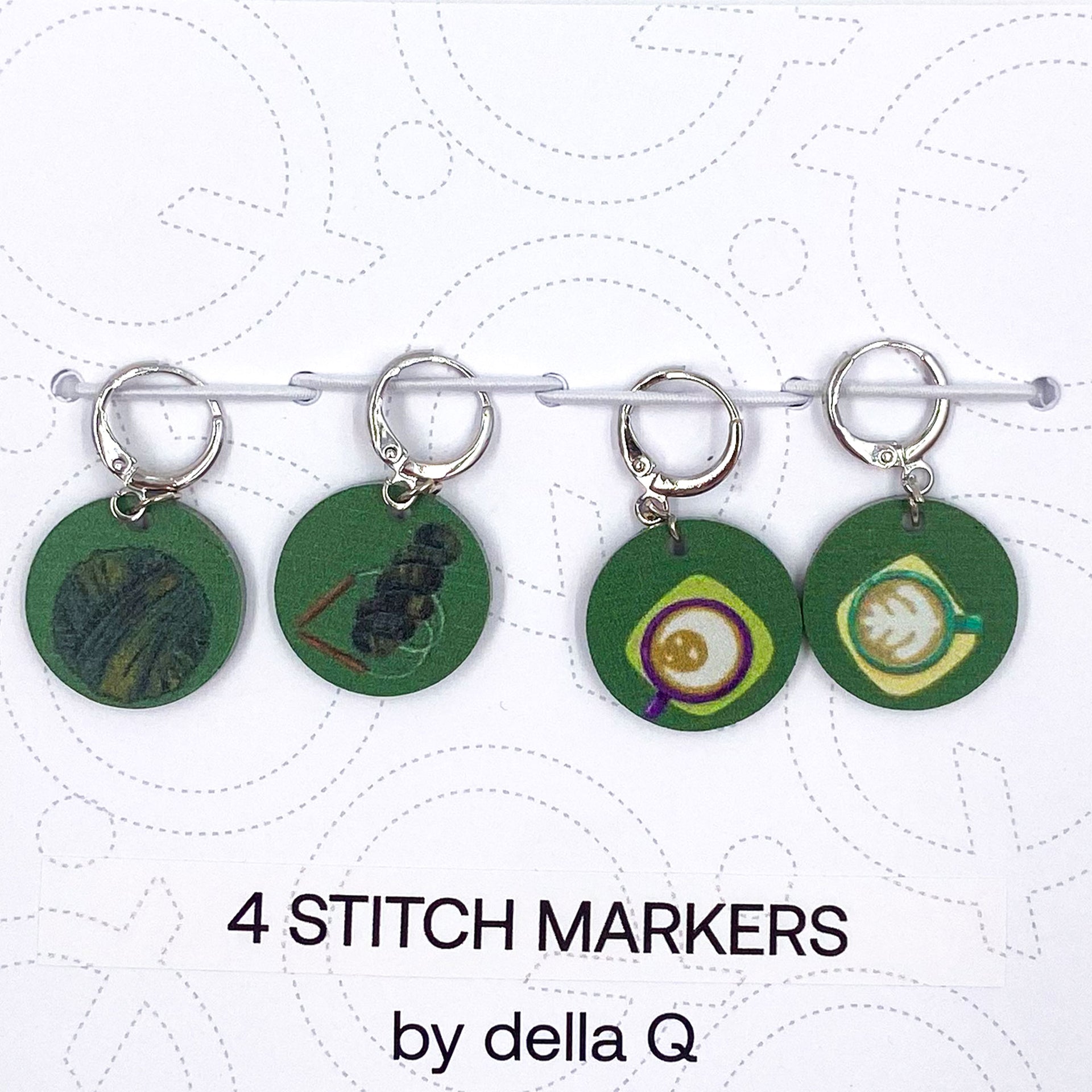 della Q Stitch Marker Sets - Fabric Print Collection - Coffee and Yarn Green - Zoom Image