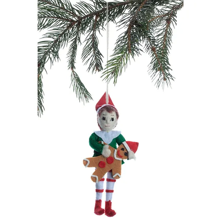 Silk Road Bazaar Handmade Felt Ornaments - Elf w/ Gingerbread - Zoom Image