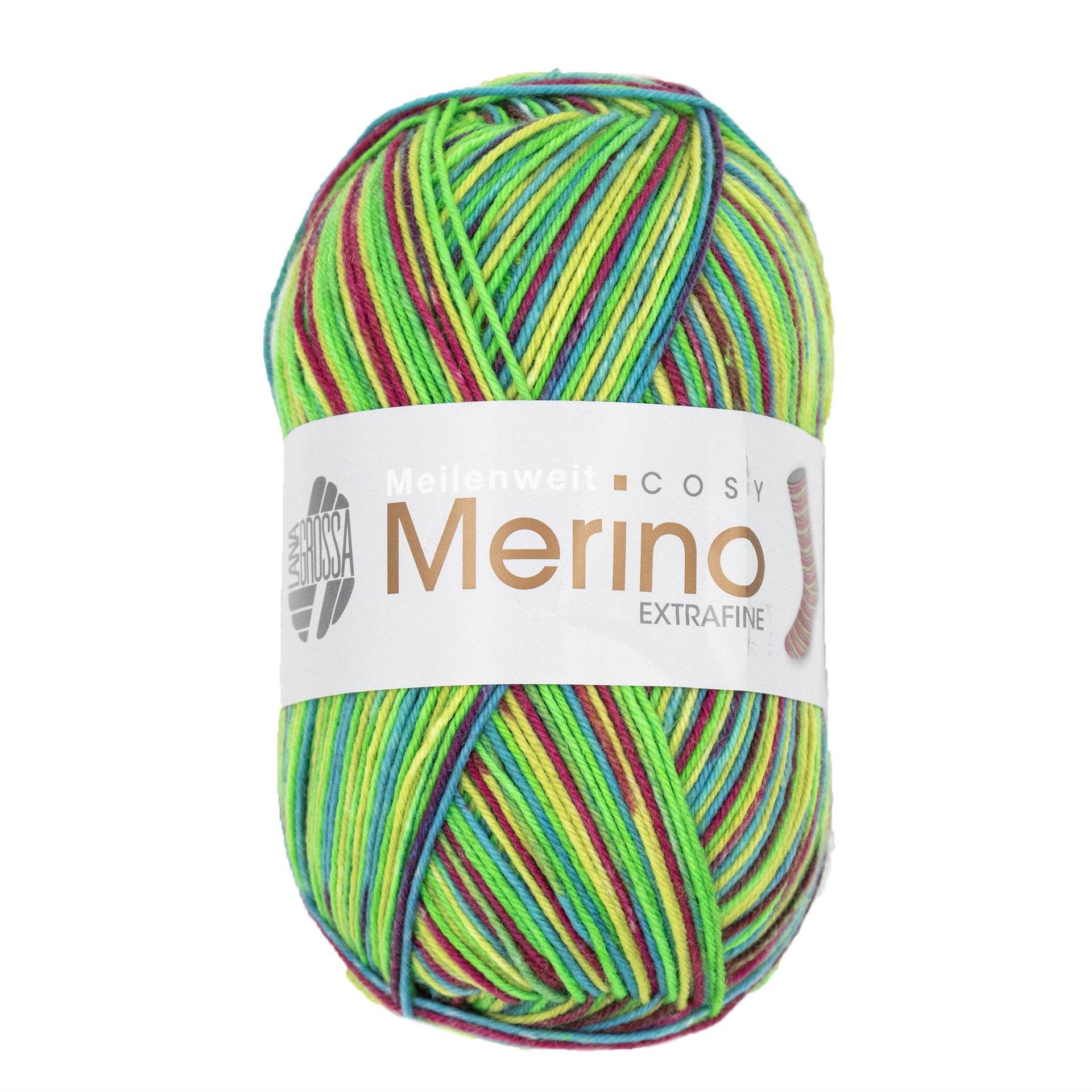 Lana Grossa Meilenweit 100 Merino Extrafine Cosy Yarn - 6162 Wine/Yellow Green/Petrol Blue