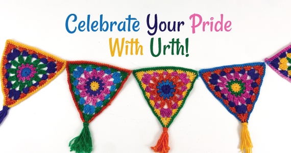 Celebrate Your Pride With Urth! text with a colorful crocheted granny squares