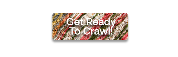 CTA: Get Ready To Crawl! text over a cream, green, and pink close up knit shawl