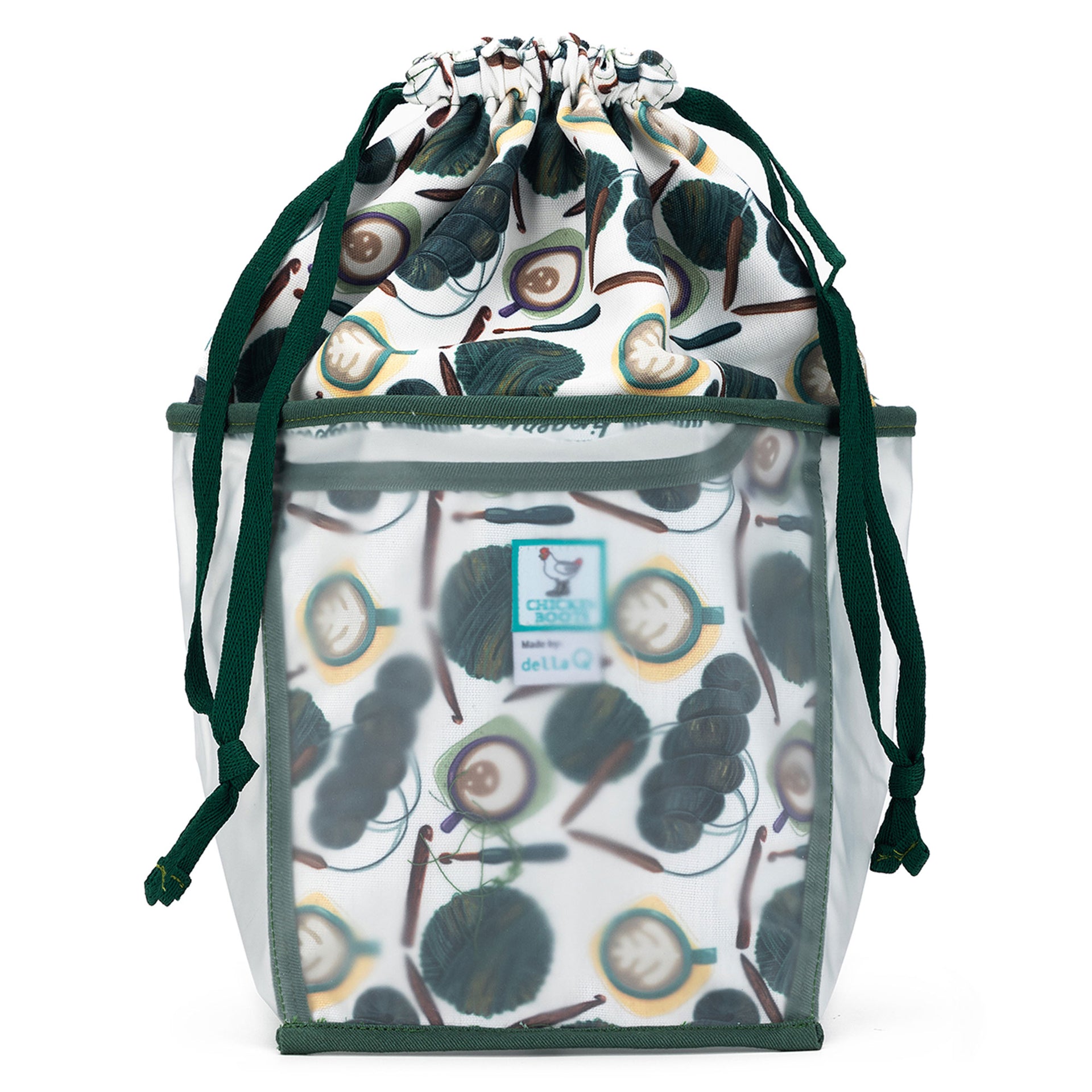 della Q Chicken Boots Double Double Project Bag - Coffee and Yarn Green - Zoom Image
