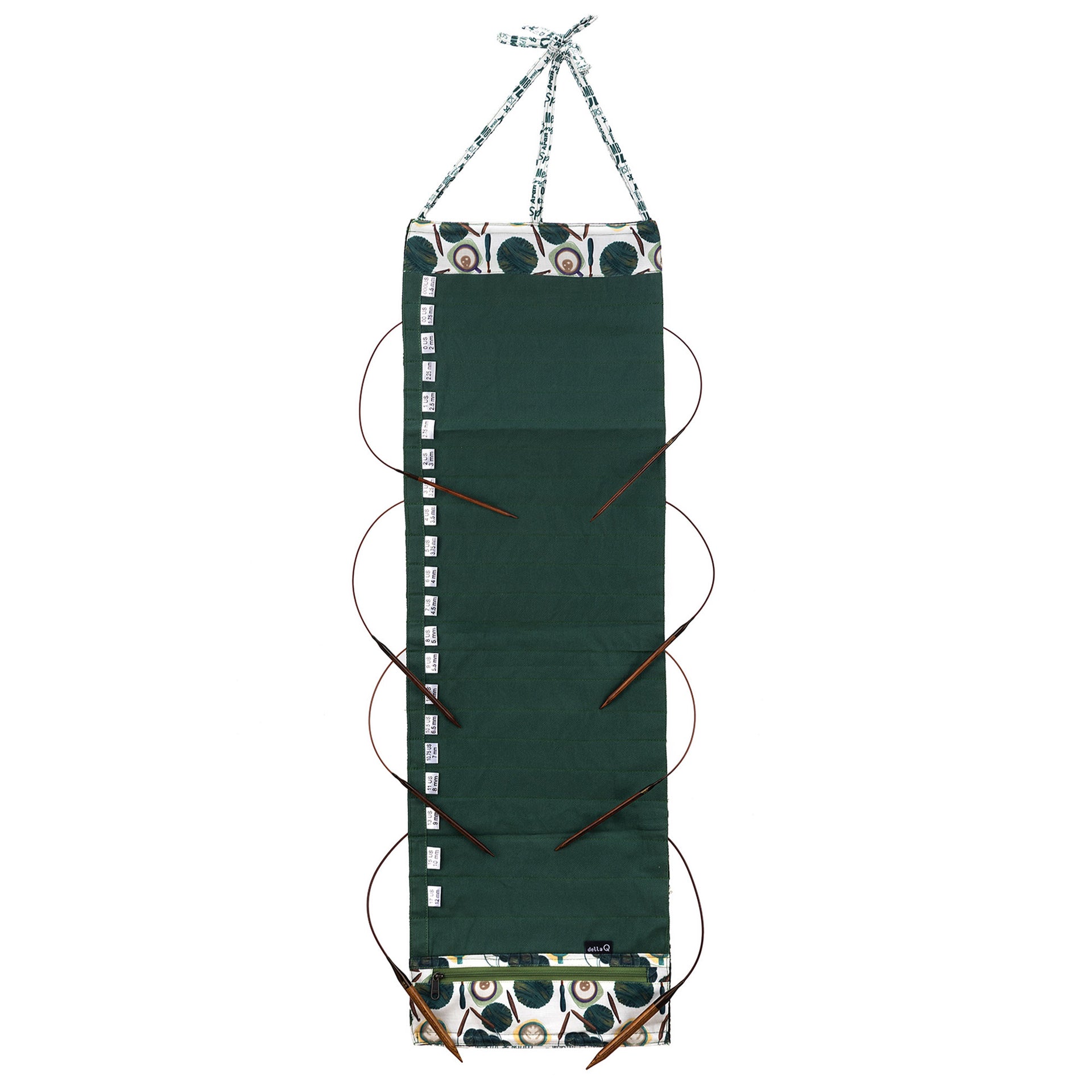 della Q Hanging Circular Needle Organizer - 142-1 - Fabric Print Collection - Coffee and Yarn Green - Zoom Image
