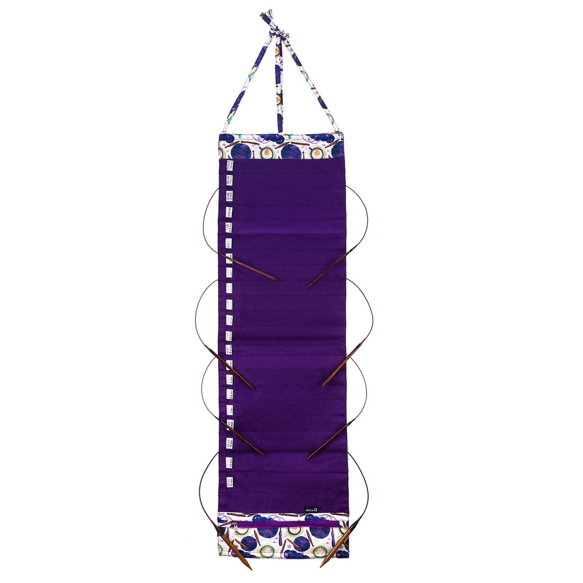 della Q Hanging Circular Needle Organizer - 142-1 - Fabric Print Collection - Coffee and Yarn Purple - Zoom Image
