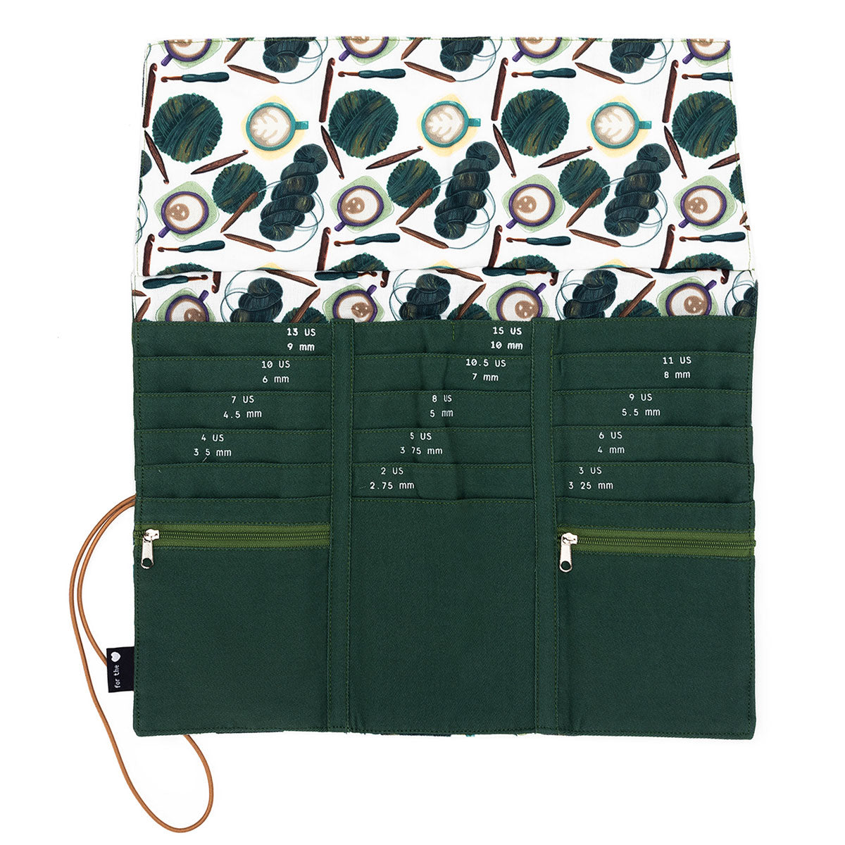 della Q Tri-Fold Circular Needle Case - 1145 - Fabric Print Collection - Coffee and Yarn Green - Extra Image
