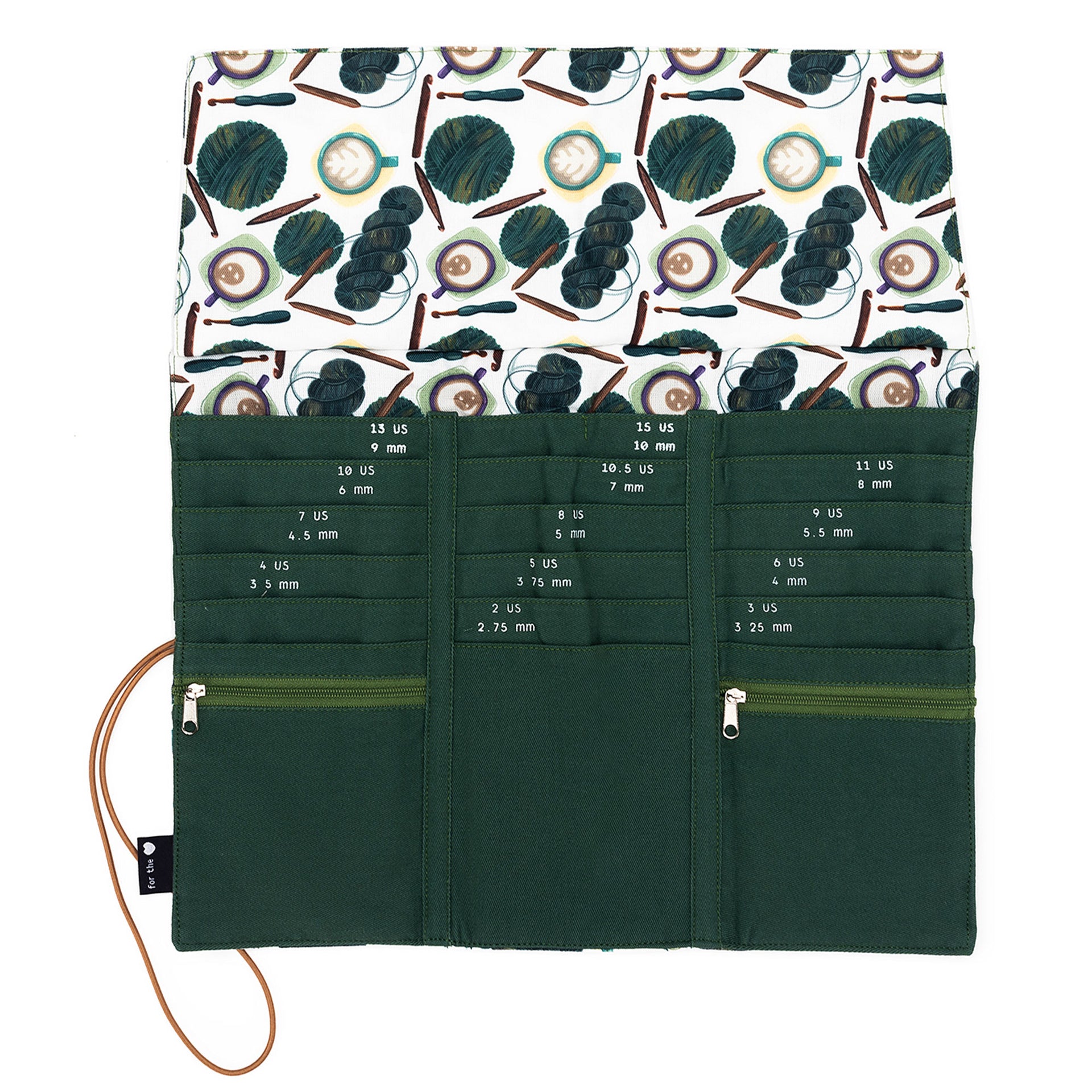 della Q Tri-Fold Circular Needle Case - 1145 - Fabric Print Collection - Coffee and Yarn Green - Zoom Image
