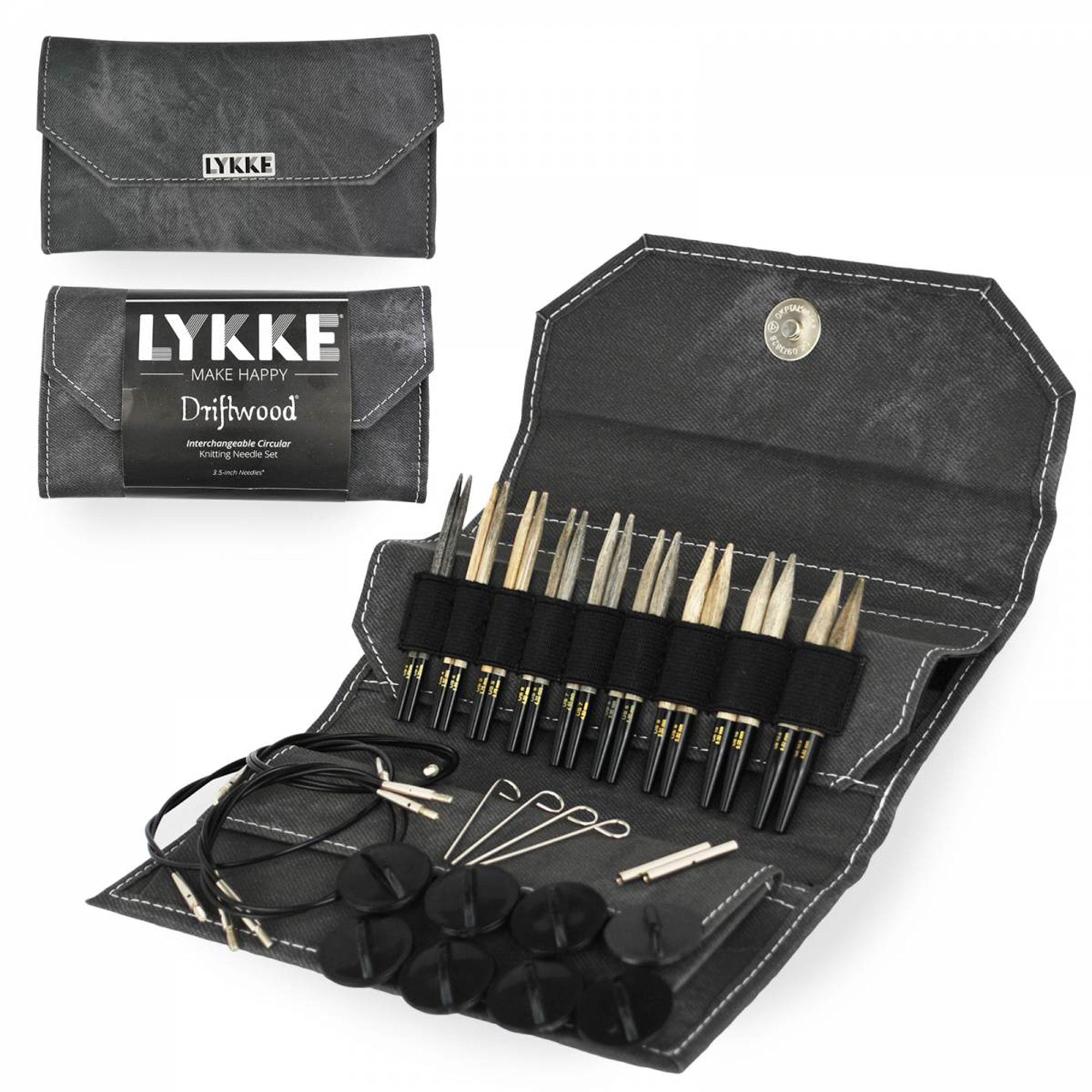 LYKKE Crafts Birchwood Interchangeable Needle Sets - Driftwood - Grey Case - 3.5" Tips US 3-10.5 - Zoom Image