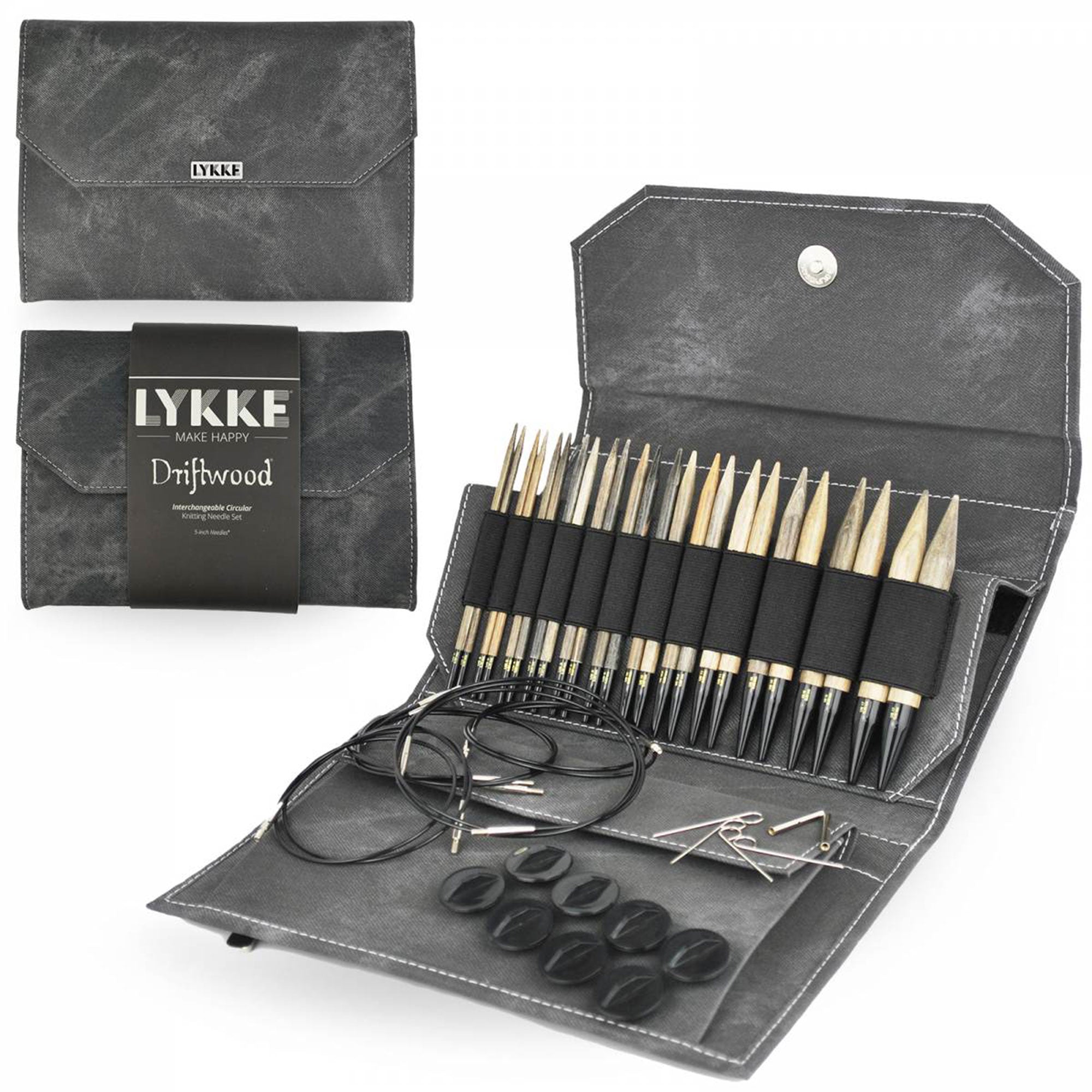 LYKKE Crafts Birchwood Interchangeable Needle Sets - Driftwood - Grey Case - 5" Tips US 4-17 - Zoom Image