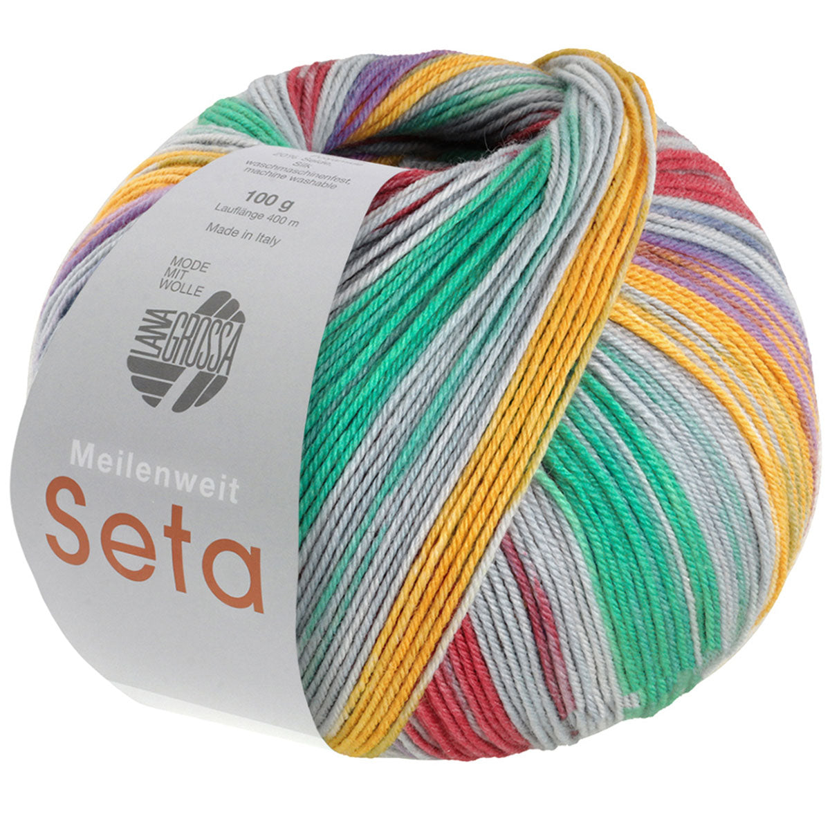 Lana Grossa Meilenweit 100 Seta Lampone Yarn - 3444 Grey/Raspberry/Turquoise/Yellow/Purple - Extra Image
