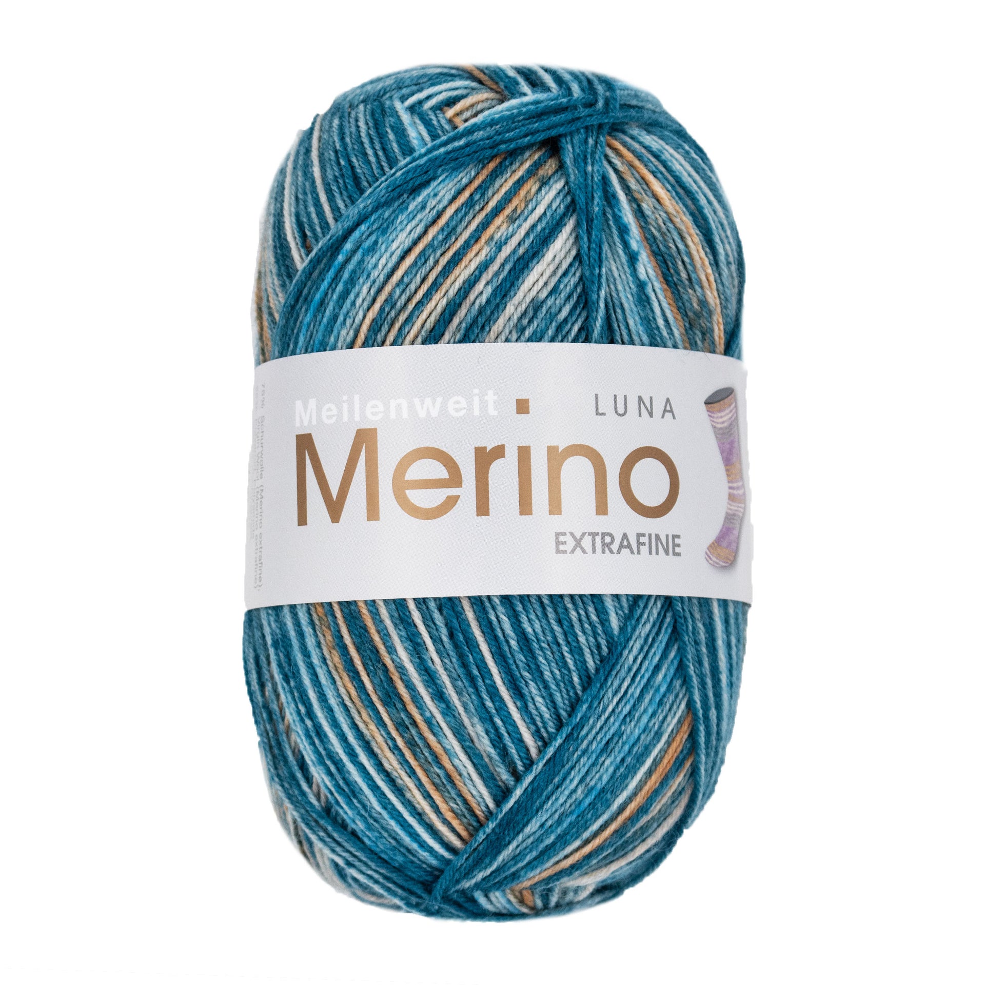 Lana Grossa Meilenweit 100 Merino Extrafine Luna Yarn - 4113 Petrol/Grey Blue/Light Orange/Beige/Light Blue

