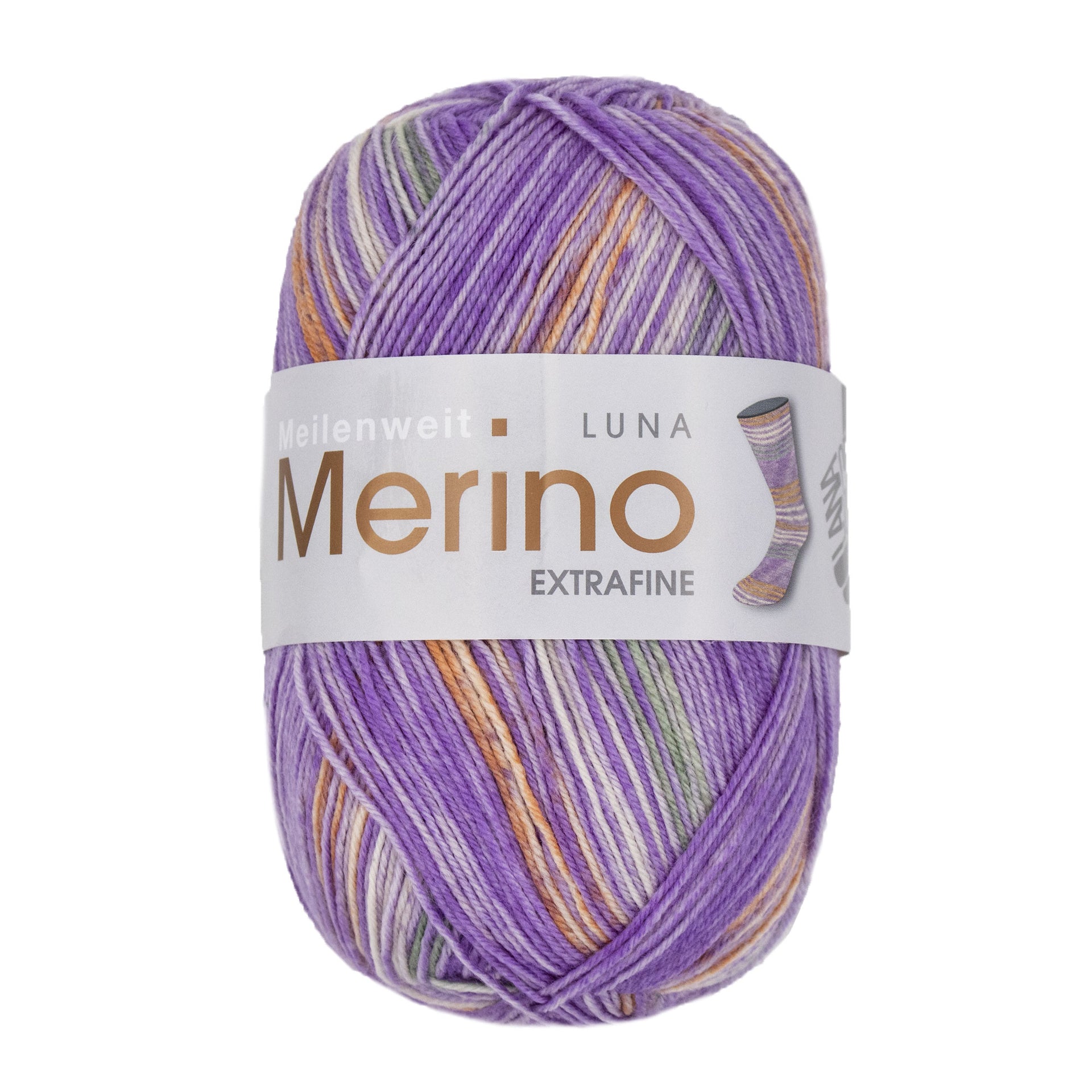 Lana Grossa Meilenweit 100 Merino Extrafine Luna Yarn - 4116 Violet/Grey-Purple/White/Orange/Grey-Green
