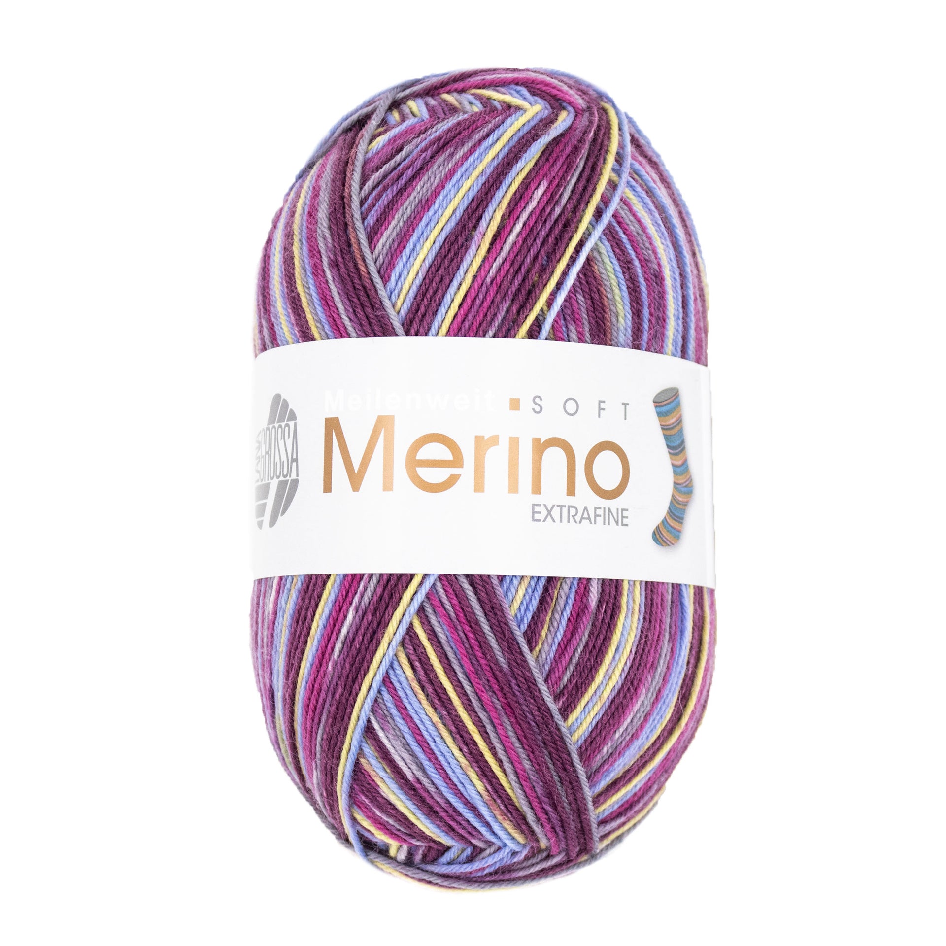 Lana Grossa Meilenweit 100 Merino Extrafine Soft Yarn - 4462 Wine/Mustard/Mouse Grey/Light Blue/Orchid
