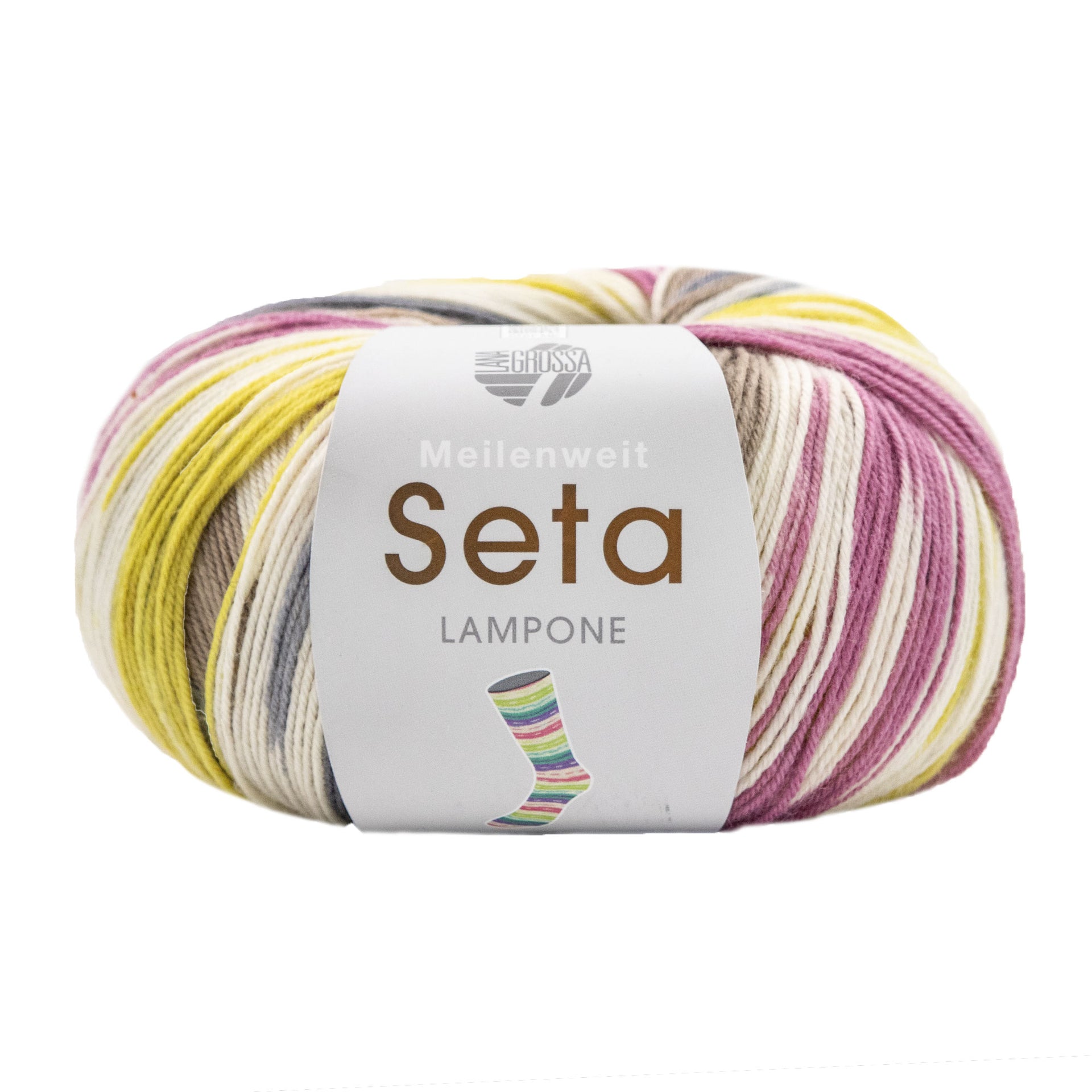 Lana Grossa Meilenweit 100 Seta Lampone Yarn - 3443 White/Mauve/g=Grey Beige/Dark Grey/Mustard
