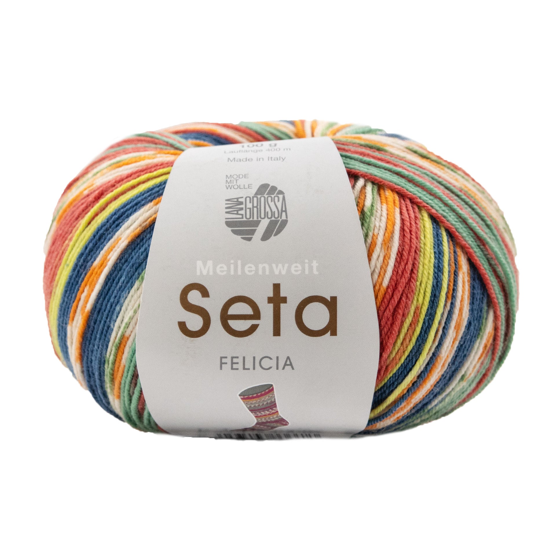 Lana Grossa Meilenweit 100 Seta Felicia Yarn - 3164 Green/Orange/Ecru/Red/Yellow-Green/Dark Blue/Blue-Green
