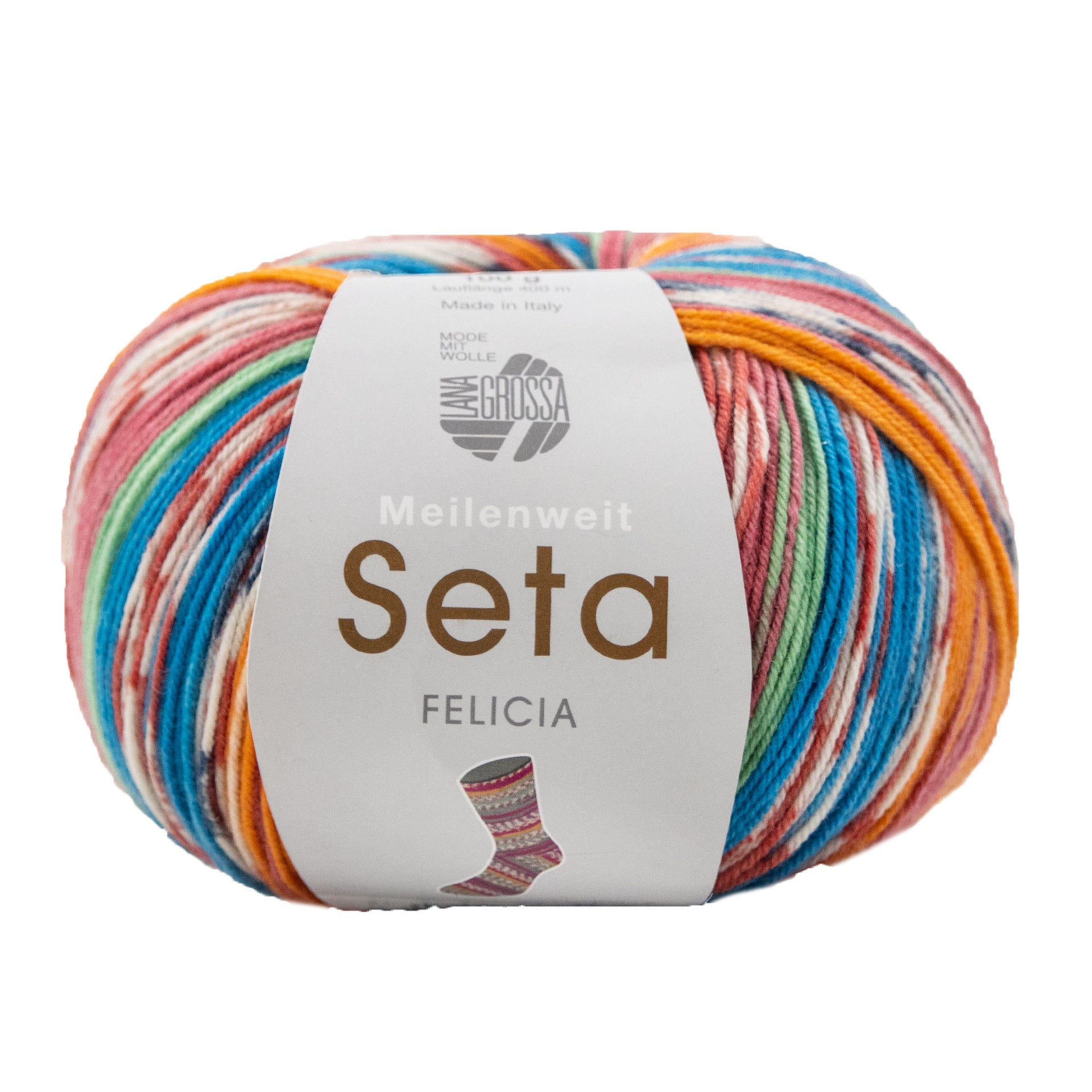 Lana Grossa Meilenweit 100 Seta Felicia Yarn - 3166 Greys/Ecru/Red/Flamingo/Jade/Blue/Orange
